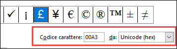 Il campo da indica che si tratta di un simbolo Unicode