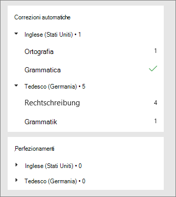 Le correzioni e i perfezionamenti sono elencati per lingua nel riquadro Editor.