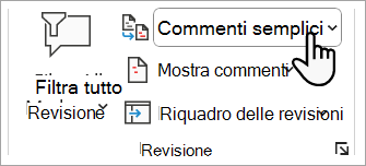 Screenshot che mostra dove è possibile impostare il livello dei commenti da visualizzare nel documento di Word.