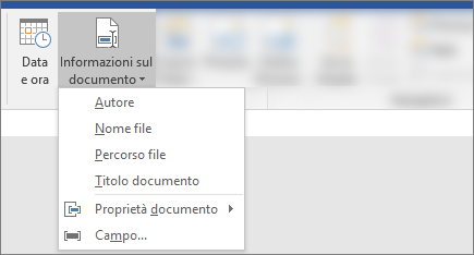 Screenshot che mostra i pulsanti Informazioni documento e Data & ora sulla barra multifunzione di Word