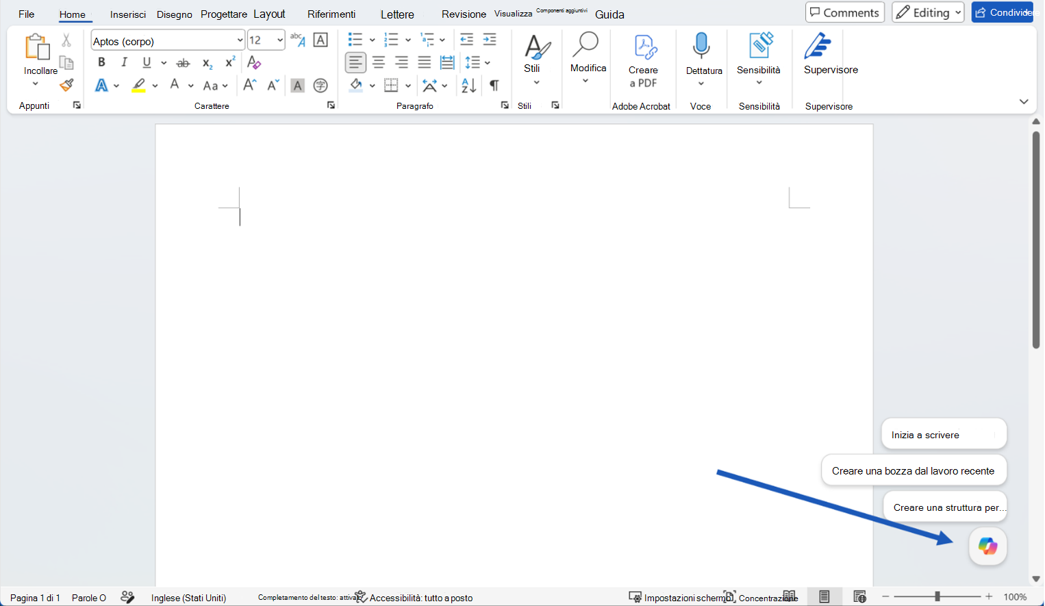 Pulsante di azione dinamica Copilot nell'angolo inferiore di un documento di Word.