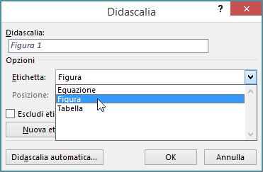 Usare la finestra di dialogo Didascalie per impostare le opzioni per le didascalie di figure, tabelle o equazioni.