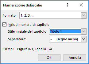 Usare la finestra di dialogo Numerazione didascalie per aggiungere i numeri dei capitoli alle didascalie.