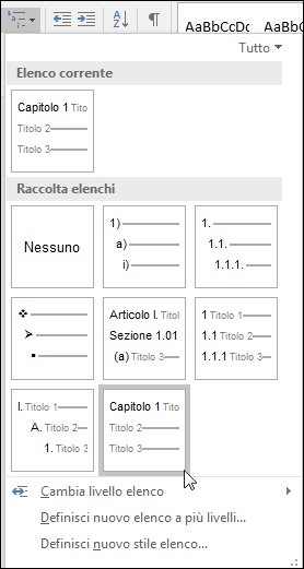 Usare l'elenco a più livelli Capitolo o Titolo per formattare i titoli dei capitoli da includere nelle didascalie.