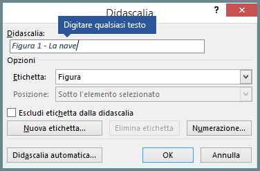 Digitare qualsiasi brano di testo personalizzato facoltativo per le didascalie nel campo etichetta.