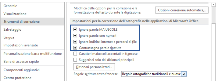 Opzioni per ignorare le parole quando si corregge l'ortografia