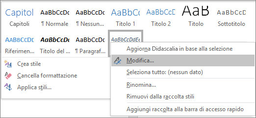 Fare clic con il pulsante destro del mouse sullo stile Didascalia nella raccolta Stili per modificare la formattazione delle didascalie.