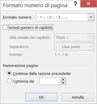 Finestra di dialogo Formato numeri di pagina