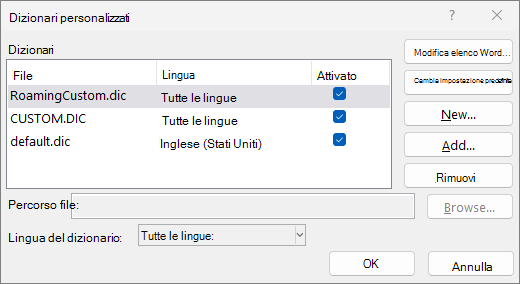 Finestra di dialogo Dizionario personalizzato