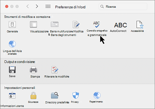 Finestra di dialogo Preferenze del Mac con l'opzione Controllo ortografia selezionata