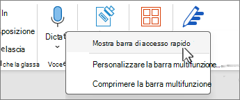 Mostra barra di accesso rapido selezionata nel menu