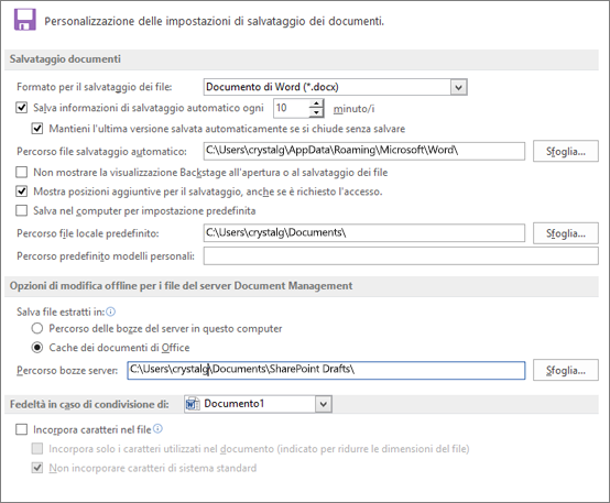 Opzioni di salvataggio di Word 2016
