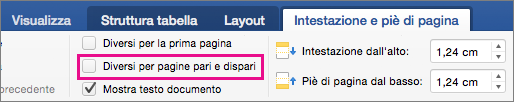 Pagine pari e dispari diverse evidenziate nella scheda Intestazioni & Piè di pagina
