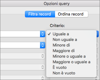 Fare clic sulle opzioni di confronto da impostare