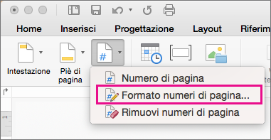 Per formattare i numeri di pagina, fare clic su Numero di pagina nella scheda Intestazione & piè di pagina e quindi fare clic su Formato numeri di pagina.