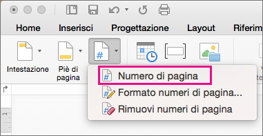 Nella scheda Intestazione & piè di pagina fare clic su Numero di pagina nel menu Numero di pagina per aggiungere un numero di pagina.