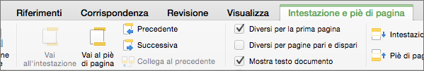 Quando si fa doppio clic in un'area dell'intestazione o del piè di pagina, Word visualizza la scheda Intestazione & piè di pagina.