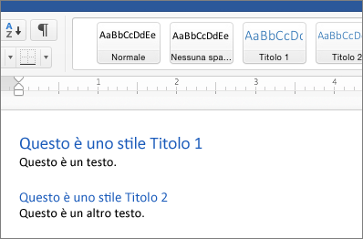 Esempi di stili Titolo 1 e Titolo 2 in un documento