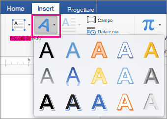 Scheda Inserisci con l'opzione WordArt evidenziata.