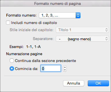 Selezionare lo stile di numerazione e il numero iniziale in Formato numero di pagina.