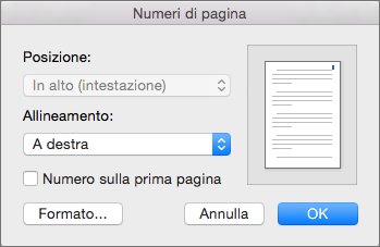 In Numeri di pagina impostare la posizione e l'allineamento dei numeri.