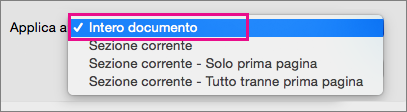 Menu Applica a con l'opzione Intero documento evidenziata.