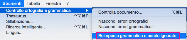 Per cancellare gli elenchi di parole e regole grammaticali che Word ignora, fare clic su Reimposta grammatica e parole ignorate.