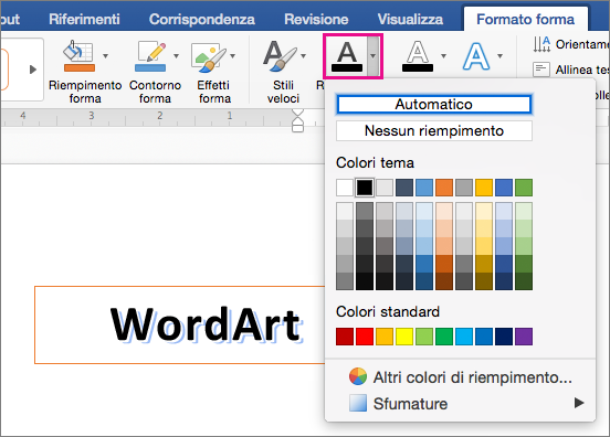 Scheda Formato forma con l'opzione Riempimento testo evidenziata.