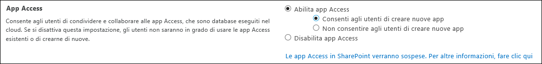 Screenshot delle impostazioni delle app Access nella pagina di amministrazione di SharePoint