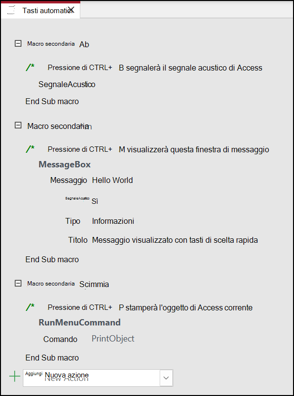 Tre sottomacro in una macro di Access denominata AutoKeys