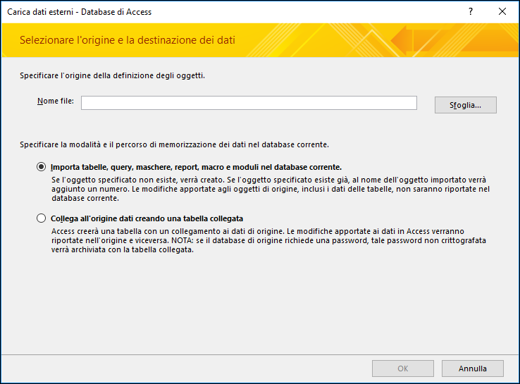 Screenshot della procedura guidata di importazione Carica dati esterni - Database di Access.