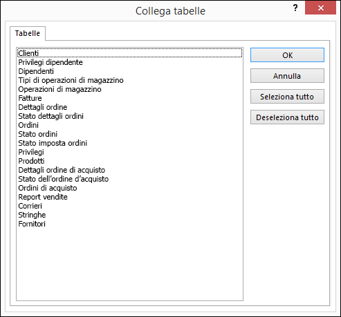 Selezionare una tabella a cui creare un collegamento nella finestra di dialogo Collega tabelle
