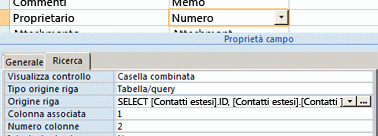 Screenshot che mostra l'uso di una tabella o di una query come origine dati per un campo di ricerca.