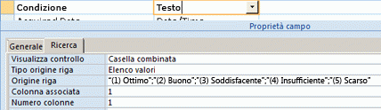 Screenshot che mostra l'elenco dei valori come origine dati per un campo di ricerca.