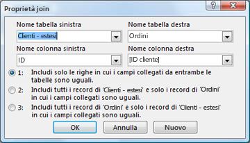 Finestra di dialogo Proprietà join