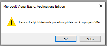 Screenshot dell'errore nella finestra di Microsoft Visual Basic, Applications Edition