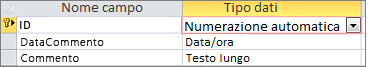 Chiave primaria Numerazione automatica etichettata come ID in visualizzazione Struttura nella tabella di Access