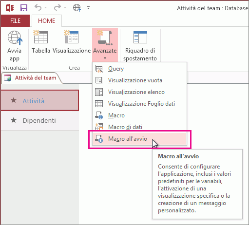 Comando Macro all'avvio sulla barra multifunzione.