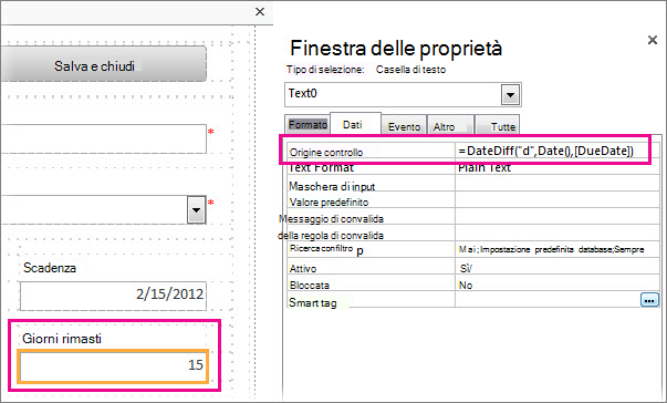 Immissione della funzione DateDiff nella proprietà Origine controllo di una casella di testo.