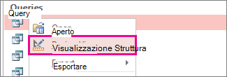 Menu di scelta rapida di una query nel riquadro di spostamento