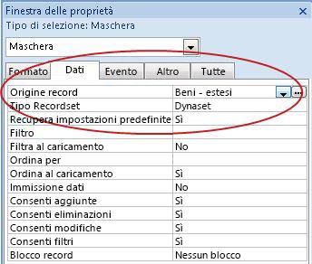 Proprietà Origine record nella scheda Dati.