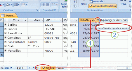 Colonna Data di nascita filtrata in base ad Aprile