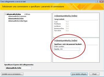 Parametro di connessione dati al servizio Web