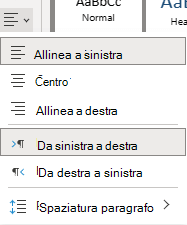 Menu per l'allineamento del testo in OneNote per il web.
