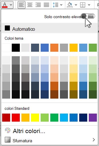 Screenshot che mostra la posizione dell'interruttore Solo contrasto elevato.