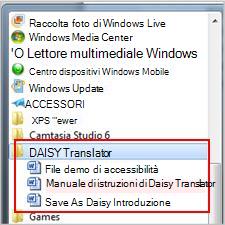 Menu Start con visualizzati i file del componente aggiuntivo Daisy dopo l'installazione