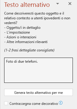 Riquadro di testo alternativo con un esempio di testo alternativo non valido.
