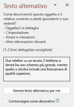 Riquadro di testo alternativo con un esempio di testo alternativo valido.
