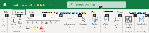 Suggerimenti tasti di scelta della scheda della barra multifunzione in Excel per il web.