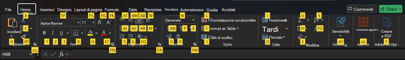 Suggerimenti sui tasti di scelta della barra multifunzione di Excel.